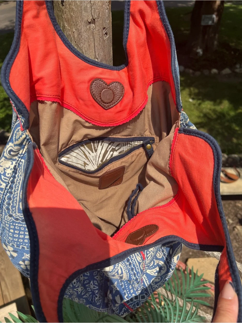 Lucky Brand Blue Paisley Quilted Tote Bag with Red Trim